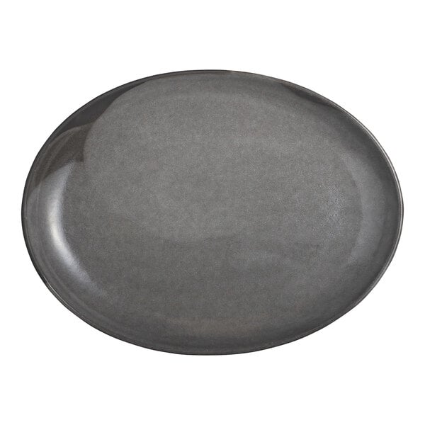 An oval gray stoneware platter measuring 12 3/4 by 9 1/2 inches.