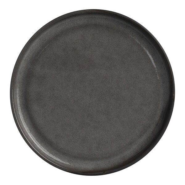 A round gray stoneware plate.
