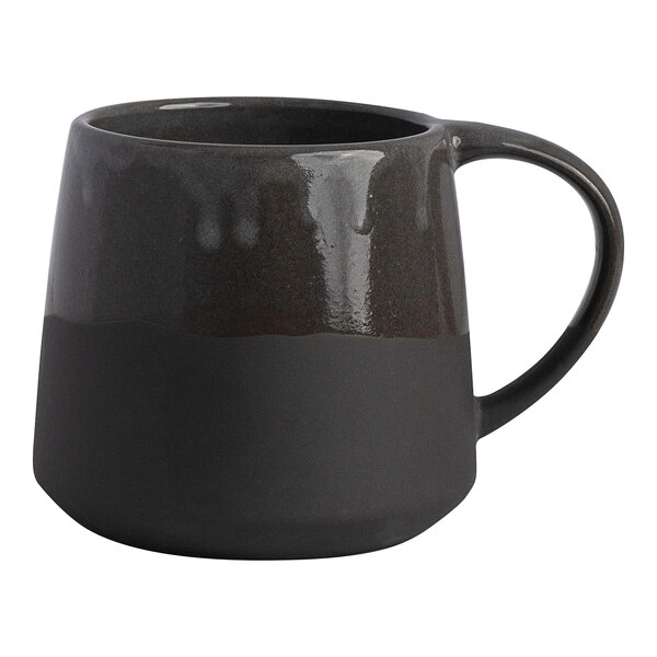 A gray stoneware mug with a matte and glossy finish, featuring a rounded shape and a large handle.