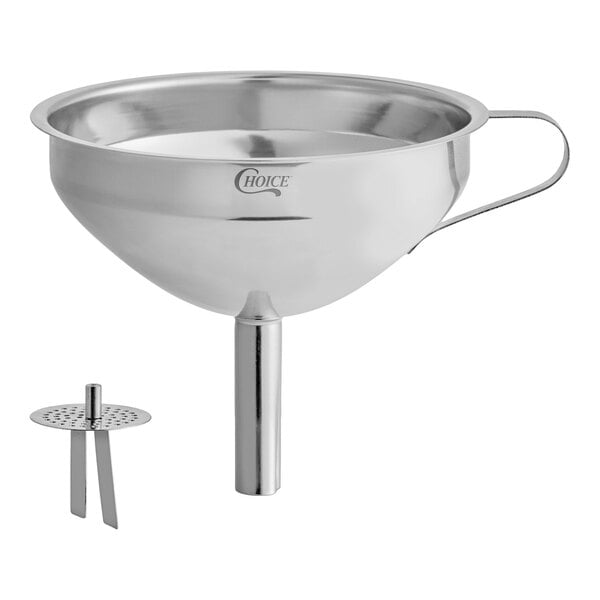 A stainless steel wide-mouth funnel with a detachable strainer and handle.