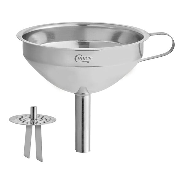A stainless steel wide-mouth funnel with a detachable strainer and handle.