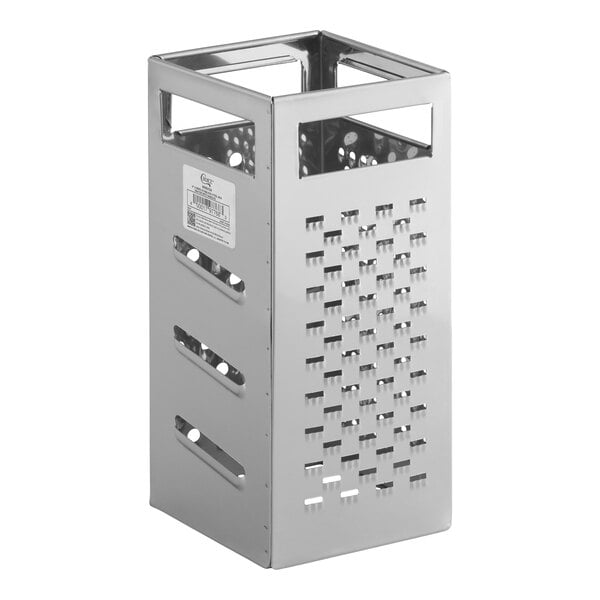 A four-sided stainless steel box grater with handles, featuring different grating surfaces on each side.