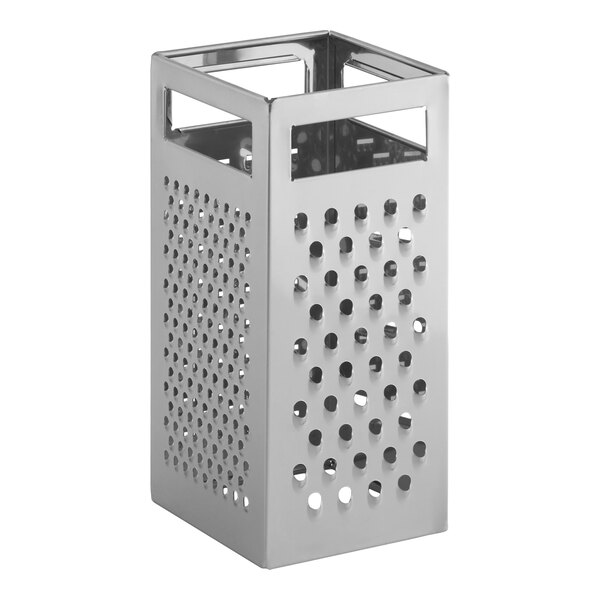 A four-sided stainless steel box grater with handles, featuring different sizes of grating holes on each side.