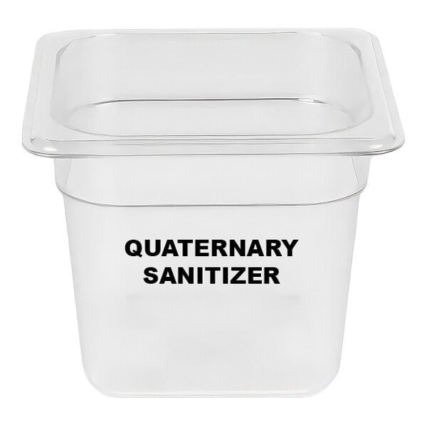 A clear plastic 2.4 quart sanitizing pan labeled 'Quaternary Sanitizer.'