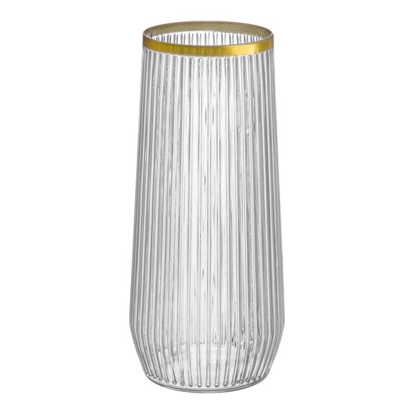 Visions 9 oz. Clear Plastic Stemless Ribbed Champagne Flute with Gold Rim - 64/Case