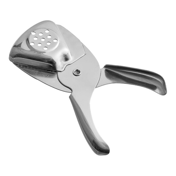 A stainless steel hand squeezer with a built-in strainer.