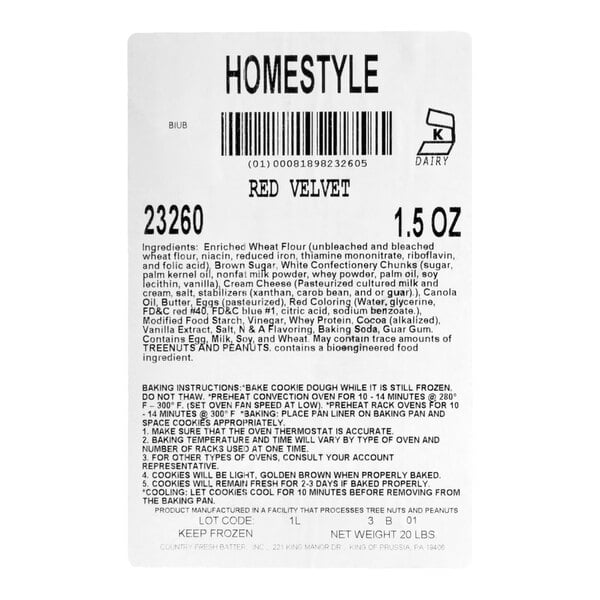 A label for Hope's Cookies Red Velvet Cookie Dough, 1.5 oz. per piece, with ingredients and baking instructions.