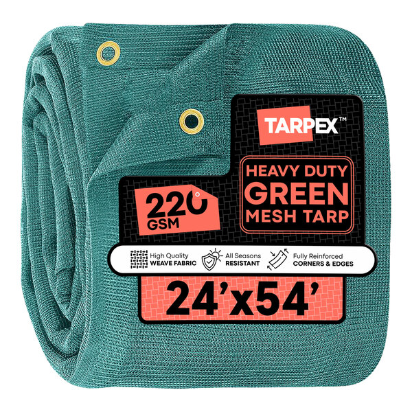 A large green heavy-duty mesh tarp measuring 24 feet by 54 feet with reinforced corners and metal grommets.