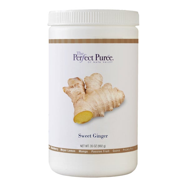 A 35 oz container of Perfect Puree Sweet Ginger Puree.