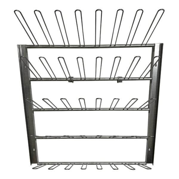 A stainless steel wall-mount boot rack with 40 loops for holding multiple pairs of boots.
