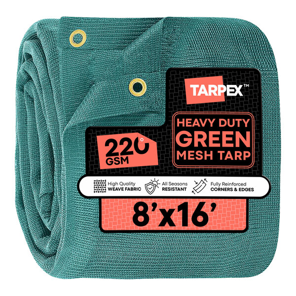 A green heavy-duty mesh tarp measuring 8 feet by 16 feet with reinforced corners and edges.