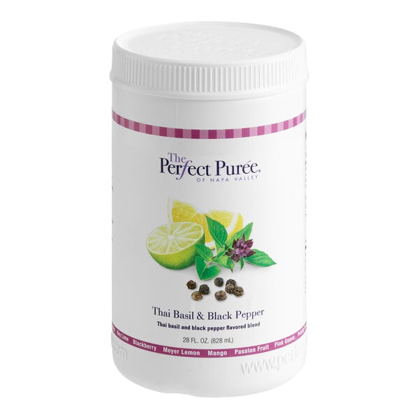 A 28 oz. container of Perfect Puree Thai Basil and Black Pepper Blend Concentrate.
