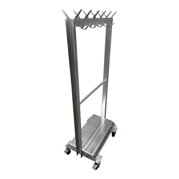 A stainless steel garment rack with a hangrail, 22 hooks, and caster wheels.