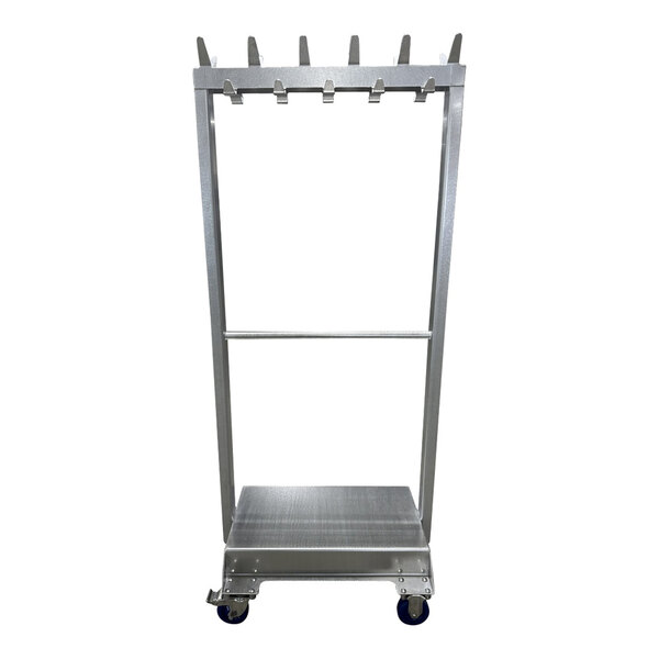 A stainless steel garment rack with a hangrail, 22 hooks, and caster wheels.