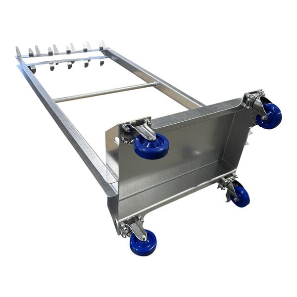 A stainless steel garment rack with a hangrail, 22 hooks, and blue caster wheels.