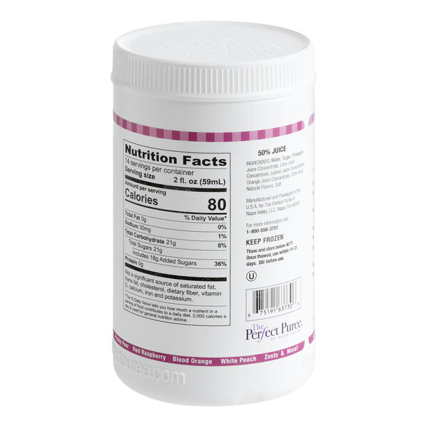 A white plastic container of Perfect Puree Thai Basil and Black Pepper Blend Concentrate, 28 oz size.