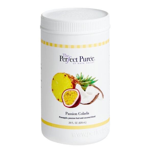A 28 oz. container of Perfect Puree Passion Colada Blend Concentrate.