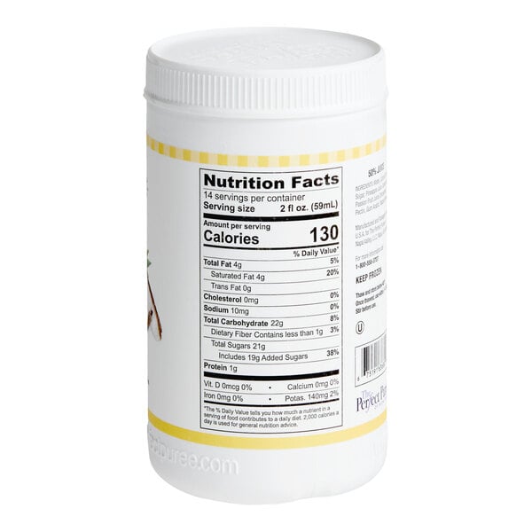 A white plastic container of Perfect Puree Passion Colada Blend Concentrate with a nutrition facts label.