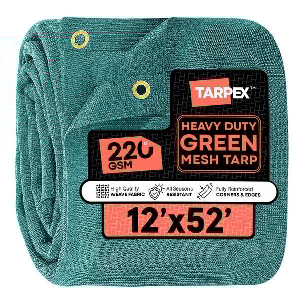 A green heavy-duty mesh tarp measuring 12 feet by 52 feet with reinforced corners and edges.
