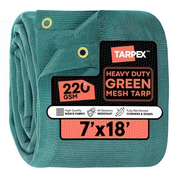 A green heavy-duty mesh tarp measuring 7 feet by 18 feet with reinforced corners and edges.