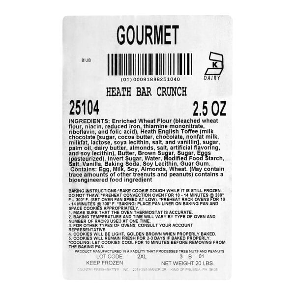 A label for Hope's Cookies Heath Bar Crunch Cookie Dough, 2.5 oz size.