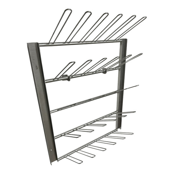 A stainless steel wall-mount boot rack with 30 loops for holding multiple pairs of boots.