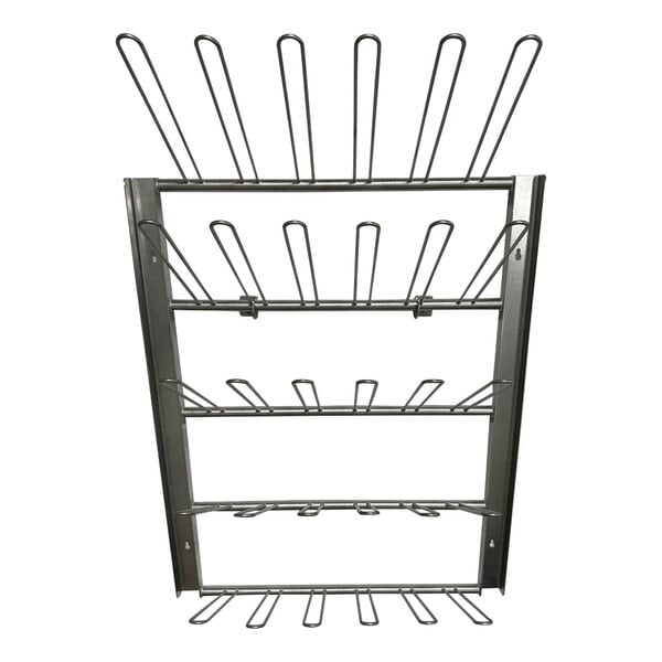 A stainless steel wall-mount boot rack with 30 loops for holding multiple pairs of boots.
