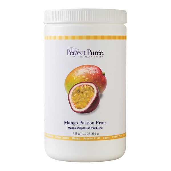 A 30 oz container of Perfect Puree Mango Passion Fruit Blend Puree.