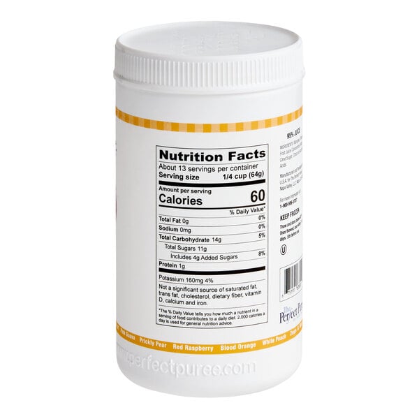 A white plastic container of Perfect Puree Mango Passion Fruit Blend Puree, 30 oz, with a nutrition facts label.