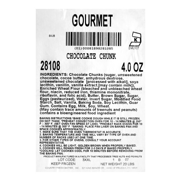 A label for Hope's Cookies Chocolate Chunk Cookie Dough, 4 oz. size, listing ingredients, baking instructions, and allergen information.