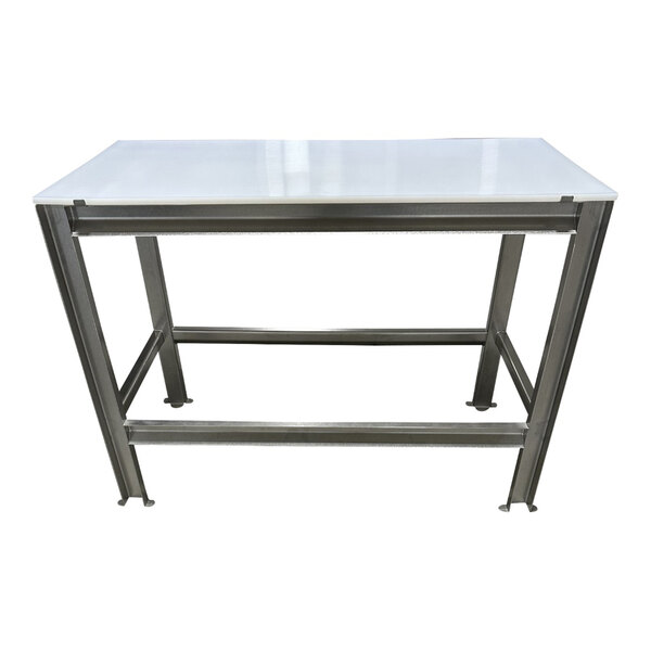 A stainless steel table with a white poly top and paw print footing.