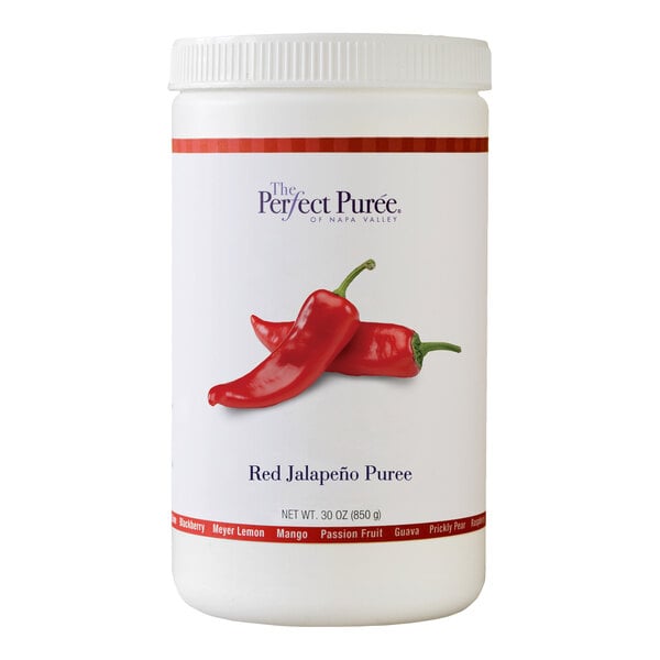 A 30-ounce container of Perfect Puree Red Jalapeno Puree.