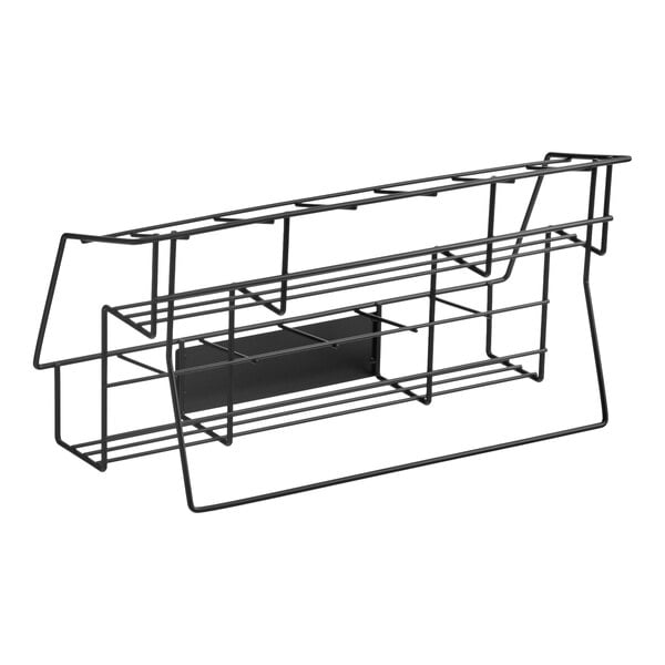 A black metal two-tier wire rack designed to hold up to 11 syrup bottles.