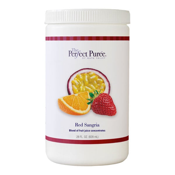 A 28 oz. container of Perfect Puree Red Sangria Blend Concentrate featuring images of orange, passion fruit, and strawberry on the label.