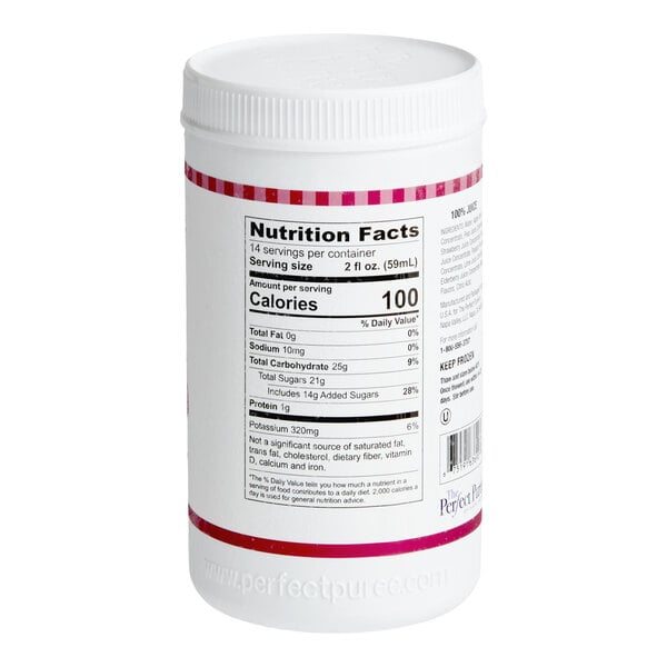 A white plastic container of Perfect Puree Red Sangria Blend Concentrate with a nutrition facts label.