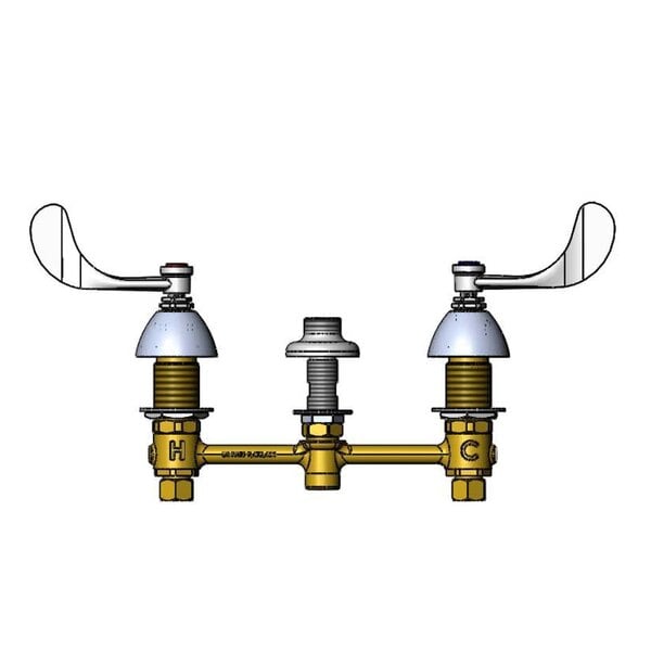 A white background with a yellow and silver T&S faucet base with a pair of yellow wrist action handles on yellow and silver pipes.