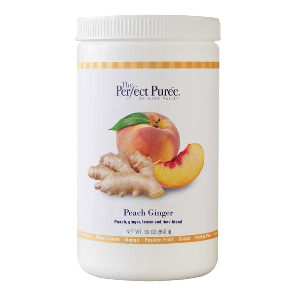 A 30 oz container of Perfect Puree Peach Ginger Blend Puree.