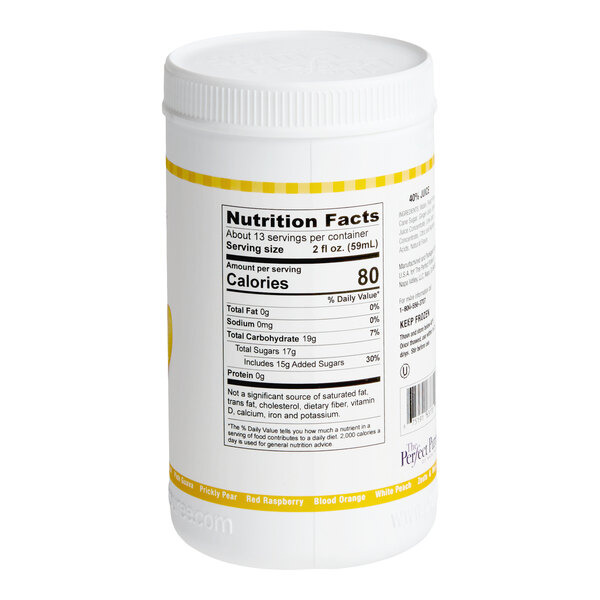 A white plastic container of Perfect Puree Peach Ginger Blend Puree, 30 oz.
