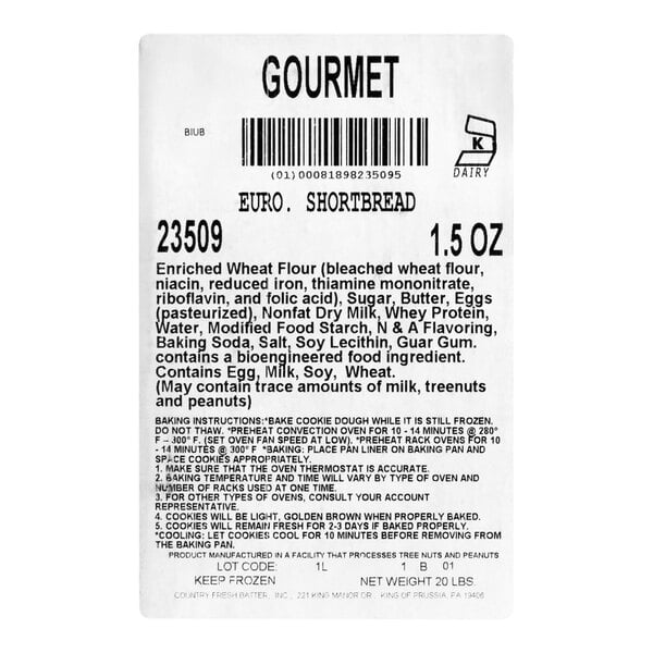 A label for Hope's Cookies European Shortbread Cookie Dough, 1.5 oz., listing ingredients, allergen information, and baking instructions.