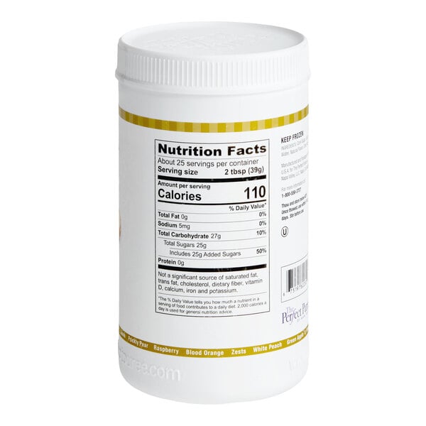A white plastic container of Perfect Puree Sweet Ginger Puree with a nutrition facts label.