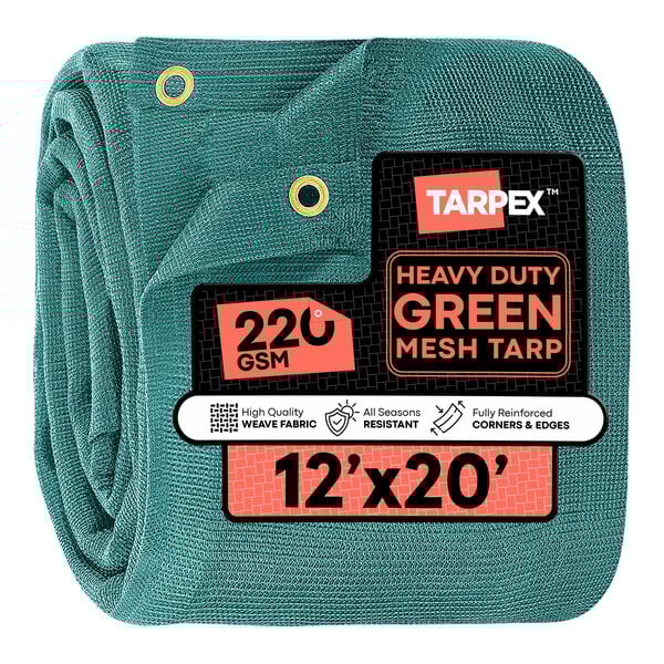 A green heavy-duty mesh tarp measuring 12 feet by 20 feet with reinforced corners and metal grommets.