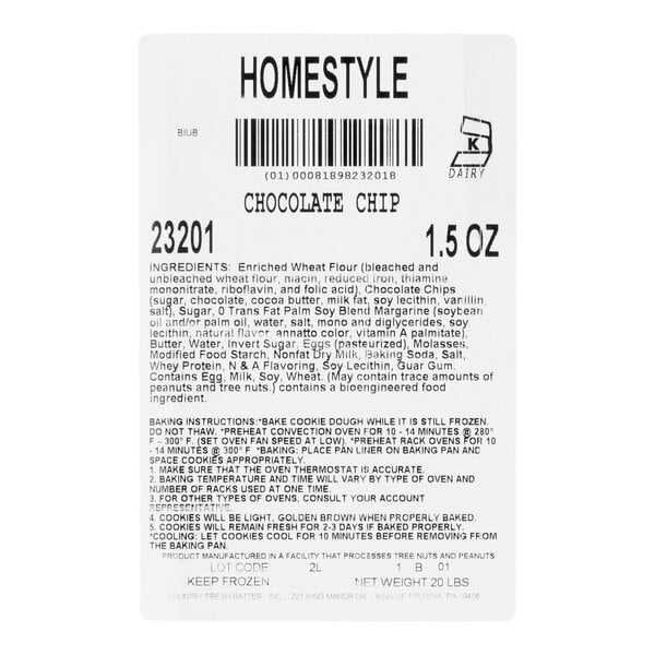 A label for Hope's Cookies Homestyle Chocolate Chip Cookie Dough, 1.5 oz.