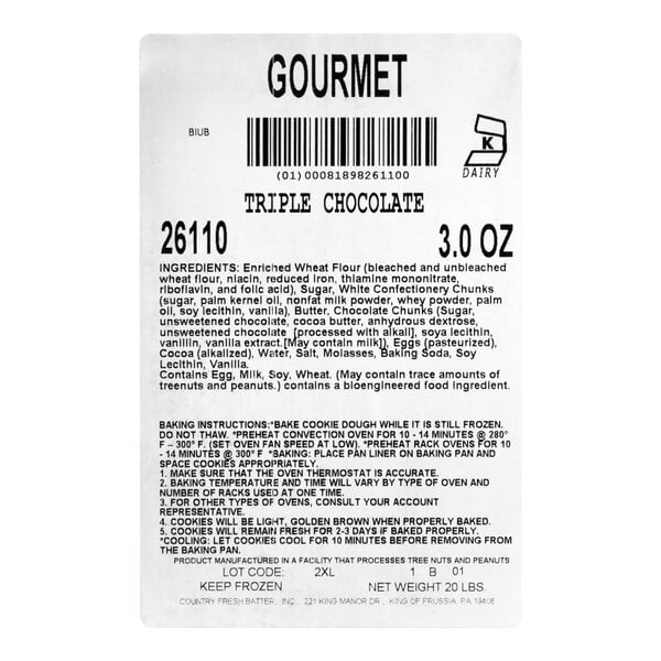 A label for Hope's Cookies Triple Chocolate Cookie Dough, 3 oz. size, with ingredients and baking instructions.