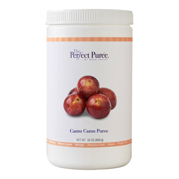 A 30 oz. container of Perfect Puree Camu Camu Puree.