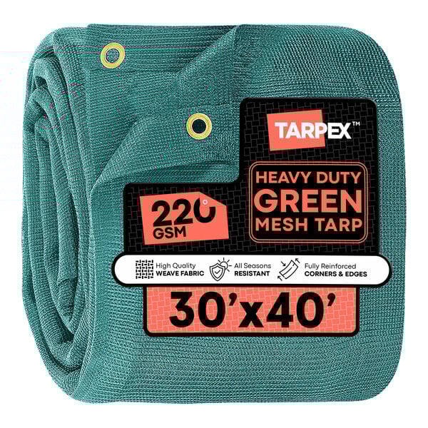 A green heavy-duty mesh tarp measuring 30 feet by 40 feet with reinforced corners and metal grommets.