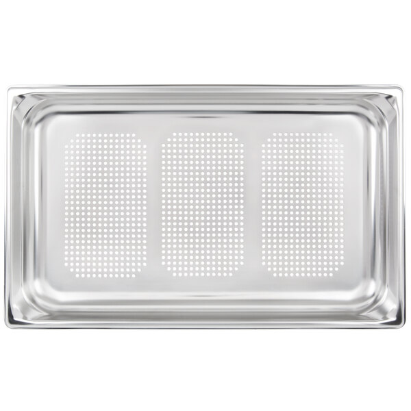 A Vollrath stainless steel table pan with holes.