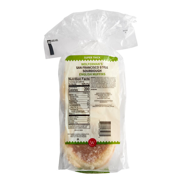 A package of super thick English muffins is shown in a clear plastic bag with a nutrition facts label visible on the front.