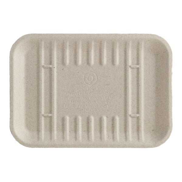 A rectangular fiber meat or produce tray with a natural beige color and ribbed surface.