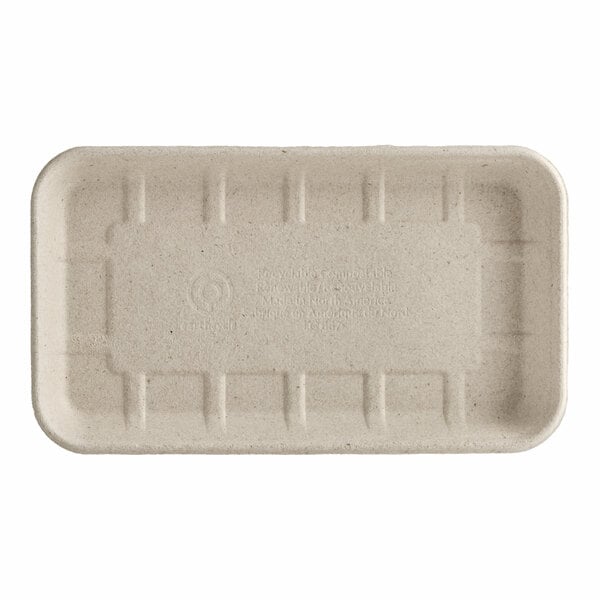 A rectangular fiber meat or produce tray with raised edges and a textured surface.
