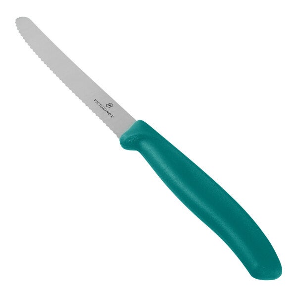 A serrated utility knife with a stainless steel blade and a kale green handle.